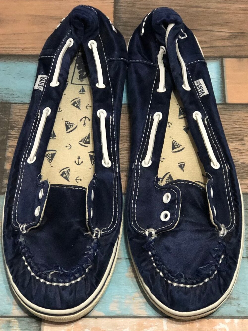 Vans Abby Moc Loafers Flats Boat‎ Slip On Navy Satin Shoe Women's Size 9